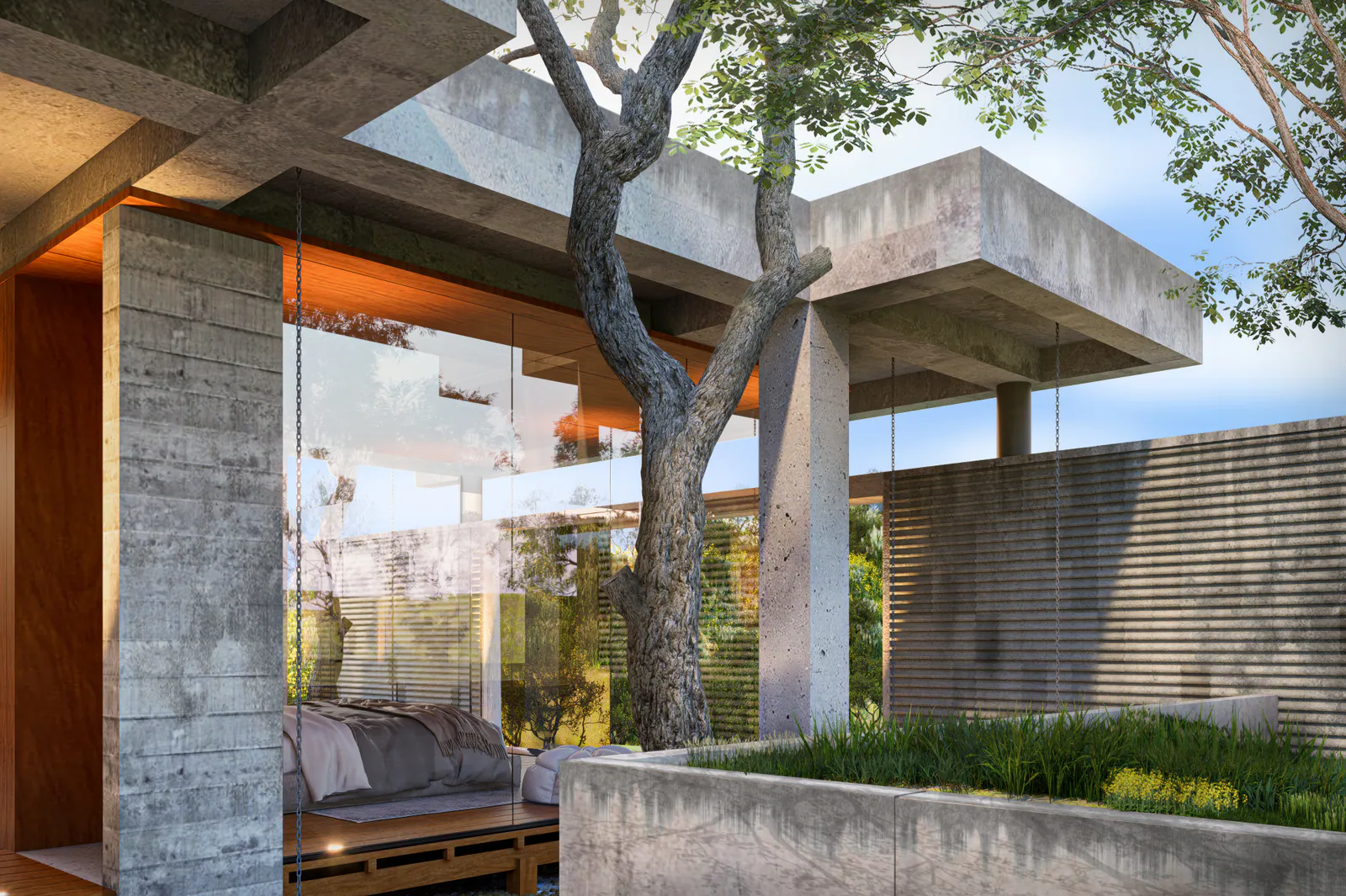 Site B — concrete pavilion integrated with mature trees